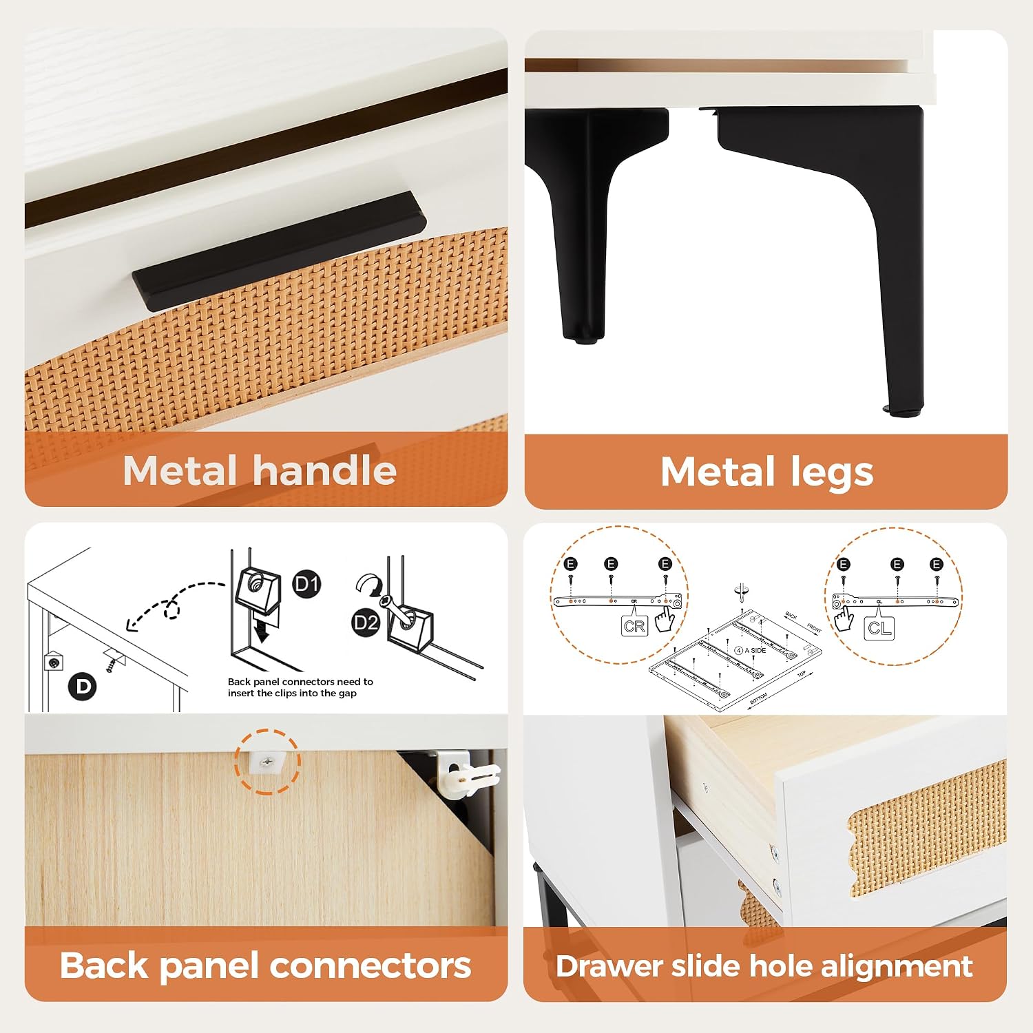 Mericonia 6 Drawer Double Dresser for Bedroom, Wood Rattan Dresser for Closet with Metal Legs, Boho TV Stand with Drawers, Dressers & Chests of Drawers for Bedroom, Hallway and Entryway, White