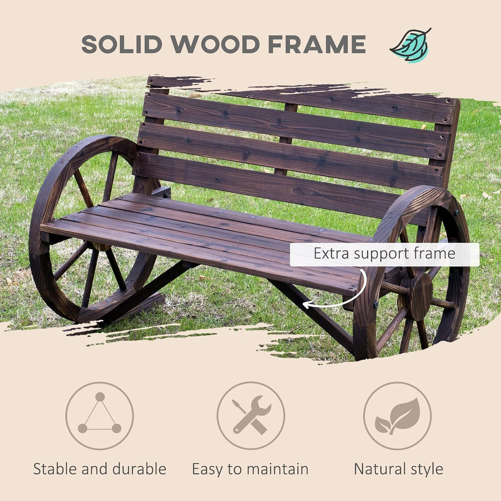 41' 2-Person Brown Wooden Wagon Wheel Bench, Rustic Outdoor Weather Resistance Furniture, Slatted Seat Bench with Backrest, Carbonized, for Backyard, Poolside, Lawn
