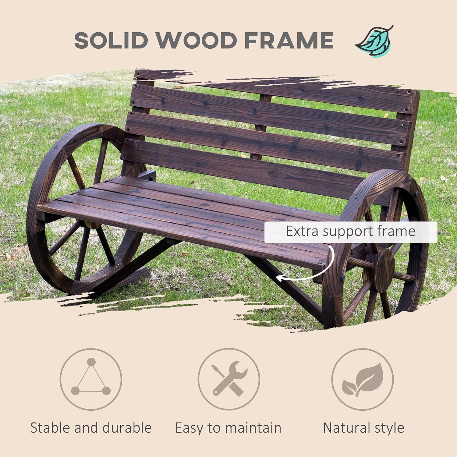 41' 2-Person Brown Wooden Wagon Wheel Bench, Rustic Outdoor Weather Resistance Furniture, Slatted Seat Bench with Backrest, Carbonized, for Backyard, Poolside, Lawn