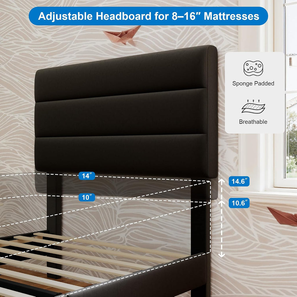 GOLDORO Twin Size Platform Bed Frame with Upholstered Headboard, Wooden Slats Support, No Box Spring Needed, Easy Assembly, Black