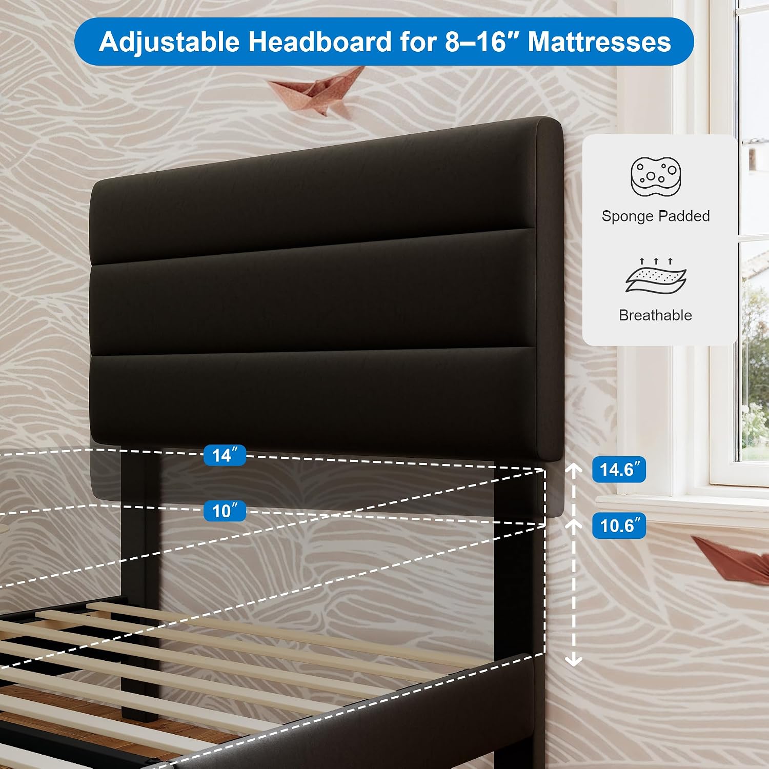 GOLDORO Twin Size Platform Bed Frame with Upholstered Headboard, Wooden Slats Support, No Box Spring Needed, Easy Assembly, Black