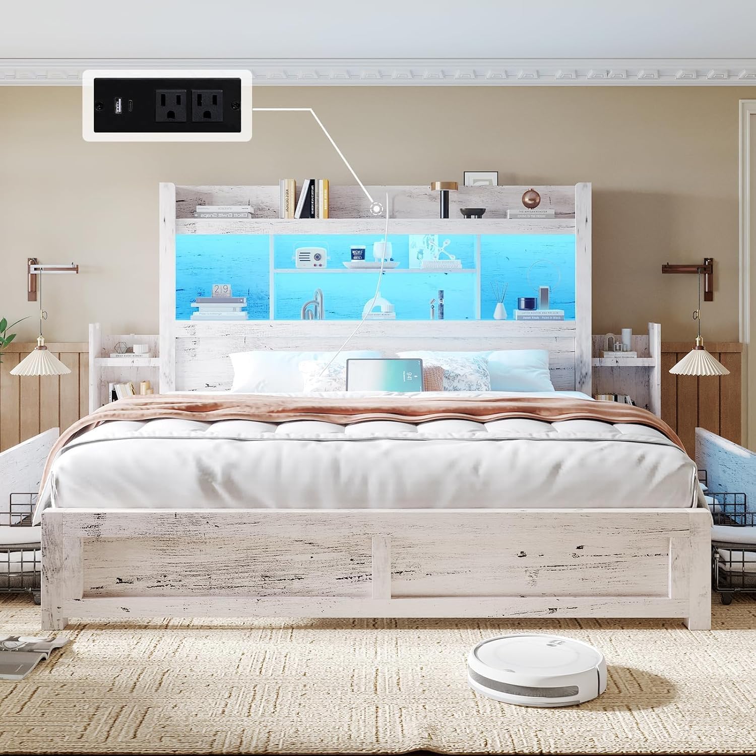 LUXOAK California King Bed Frame with 49.6' Bookcase Headboard & 2 Bedside Stoage Racks & 4 Drawers, Farmhouse Wood Bed Frame with RGB LED & Charging Station, No Box Spring Needed, Distressed White