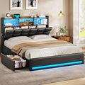 VIAGDO Full Size Bed Frame with Bookcase Headboard and Storage, Upholstered Platform Bed Frame Full Size with Charging Station, 4 Drawers and LED Lights, Heavy Duty, No Box Spring Needed, Black