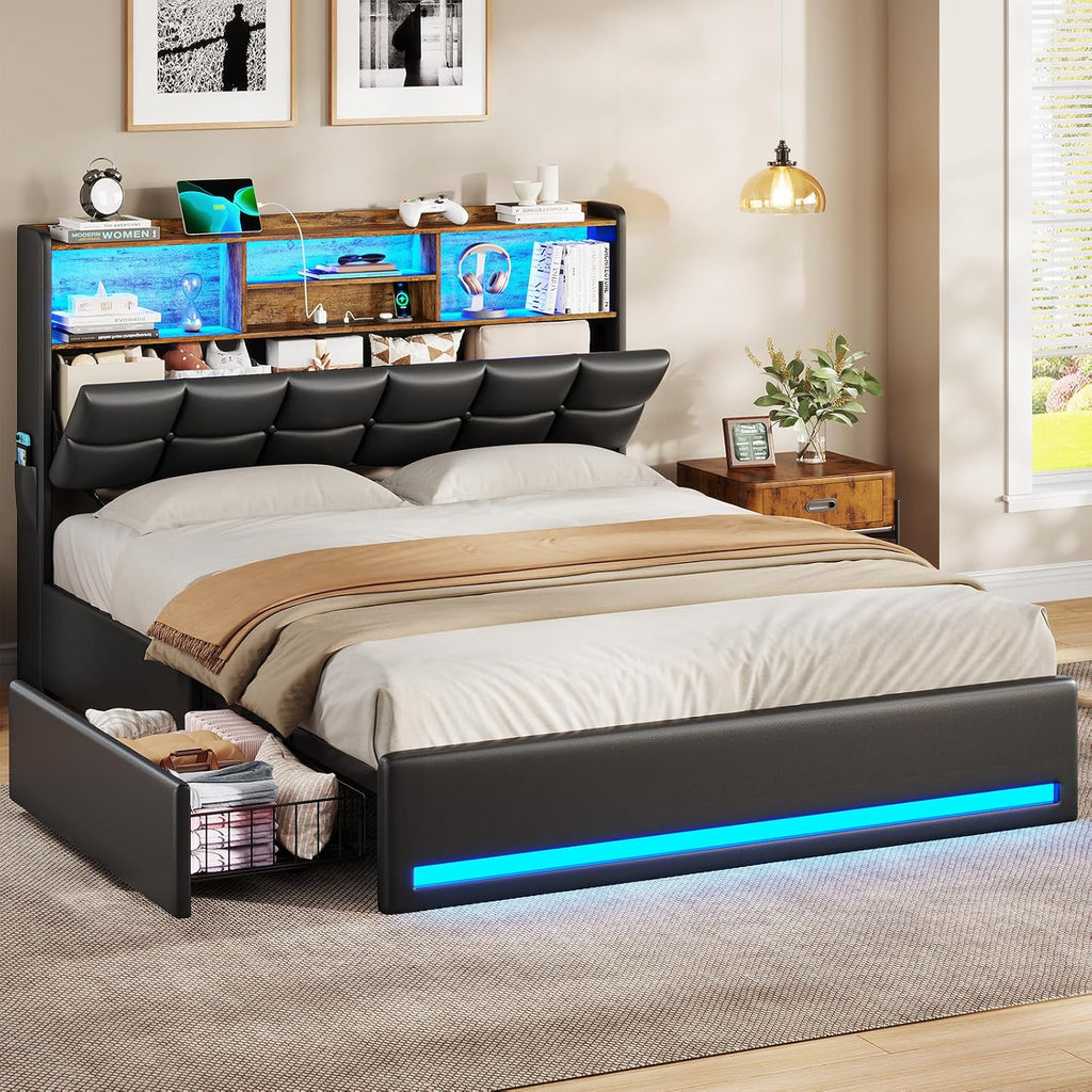 VIAGDO Queen Bed Frame with Bookcase Headboard and Storage, Upholstered Platform Bed Frame Queen Size with Charging Station, 4 Drawers and LED Lights, Heavy Duty, No Box Spring Needed, Black