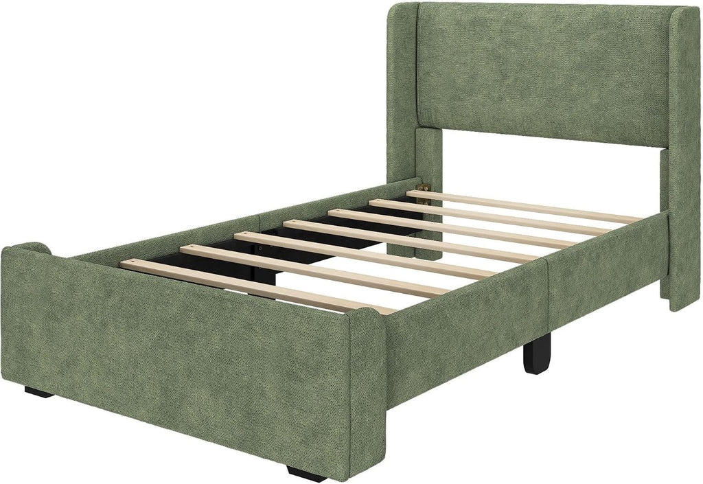 Plank+Beam Upholstered Twin Bed Frame with Rectangular Headboard, Upholstered Platform Bed, No Box Spring Needed, Easy Assembly, Green