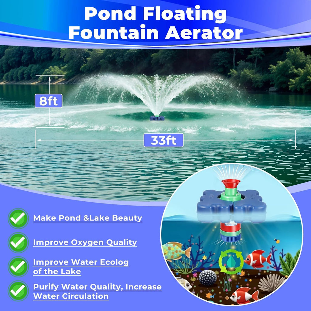 Pond Fountain Aerator with Time Controller-15000 GPH,110V 1HP 750W Floating Fountain Aeration System for Large Ponds,Aerating Fountain Pump for Outdoor Ponds & Lakes with 15A/100FT Power Cord
