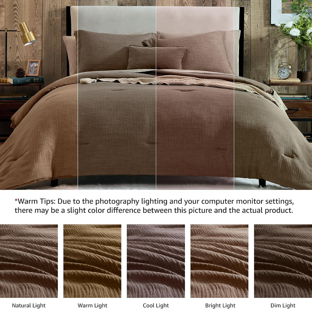 Geniospin Oversized King Comforter Sets - 7 Pieces Brown Oversized King Bedding Set, Solid Bed Set for All Season, Textured Bed in a Bag with Flat Sheet and Fitted Sheet, Pillowcases and Shams