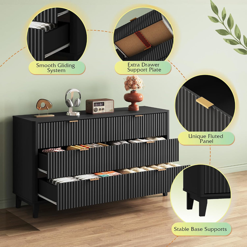 WLIVE Fluted Dresser for Bedroom with 6 Drawers, 54' Wide Wood Dresser with Golden Metal Handles, TV Stand for 65 inch TV, Mid Century Modern Chest of Drawers for Living Room, Hallway, Closet, Black