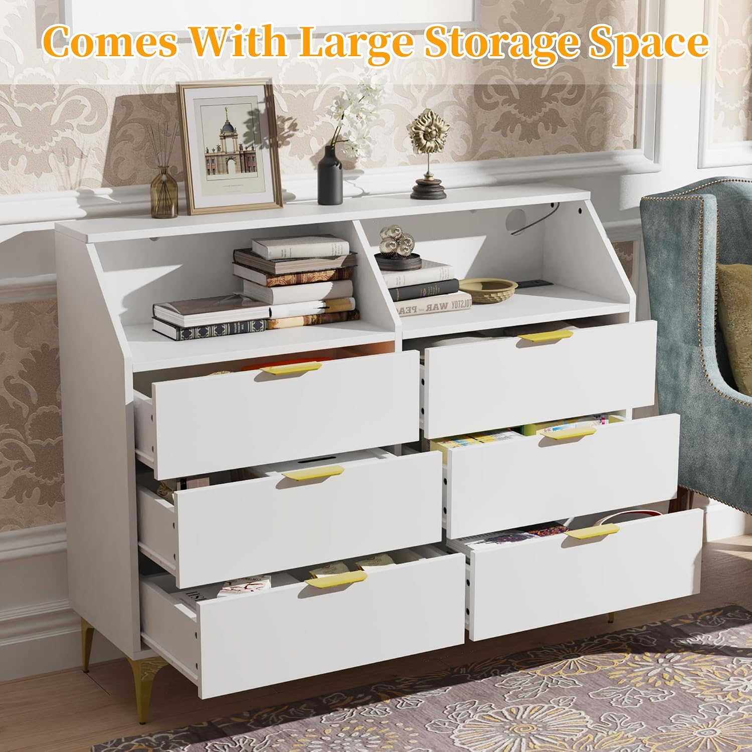6 Drawer Dresser for Bedroom with Charging Station and LED Lights, Modern Double Dresser, Large Chest of Drawers with Open Space, LED Storage Cabinet for Living Room (White-Gold)
