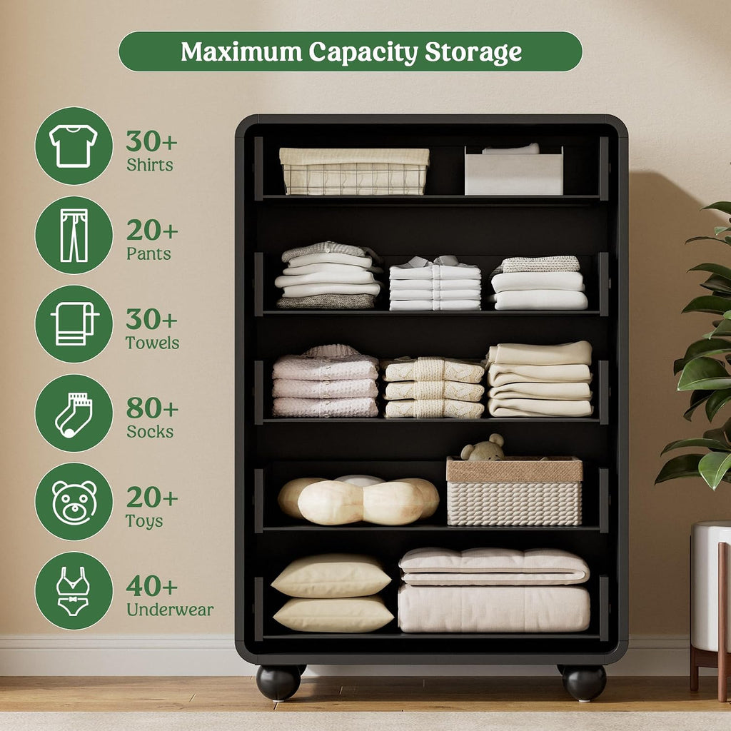 Lulive Wood Dresser for Bedroom, 41' Tall Chest of Drawers with 5 Drawers, Modern Closet Storage Drawer with Curved Profile Design for Living Room, Hallway, Entryway, Black