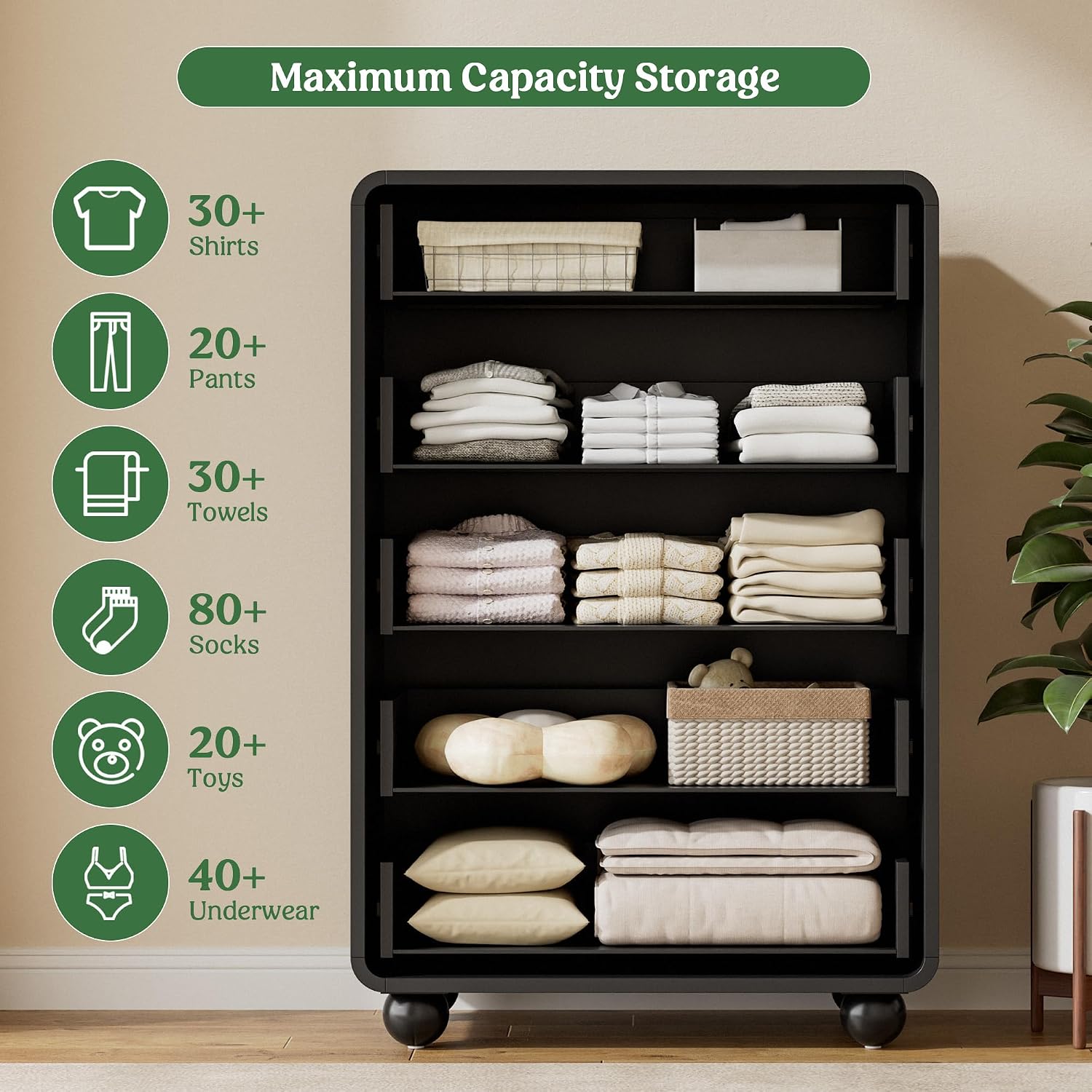 Lulive Wood Dresser for Bedroom, 41' Tall Chest of Drawers with 5 Drawers, Modern Closet Storage Drawer with Curved Profile Design for Living Room, Hallway, Entryway, Black