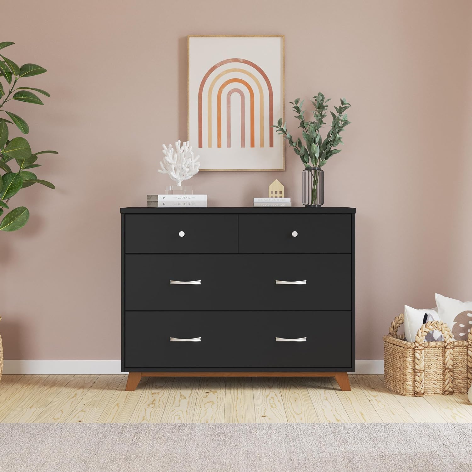 Child Craft Soho Design 4-in-1 Convertible Baby Crib Nursery Furniture Set - Baby Bed, 3 Drawer Dresser, Chest Drawer and Nightstand Desk for Babies, Toddlers and Kids (4 Piece - Ebony)