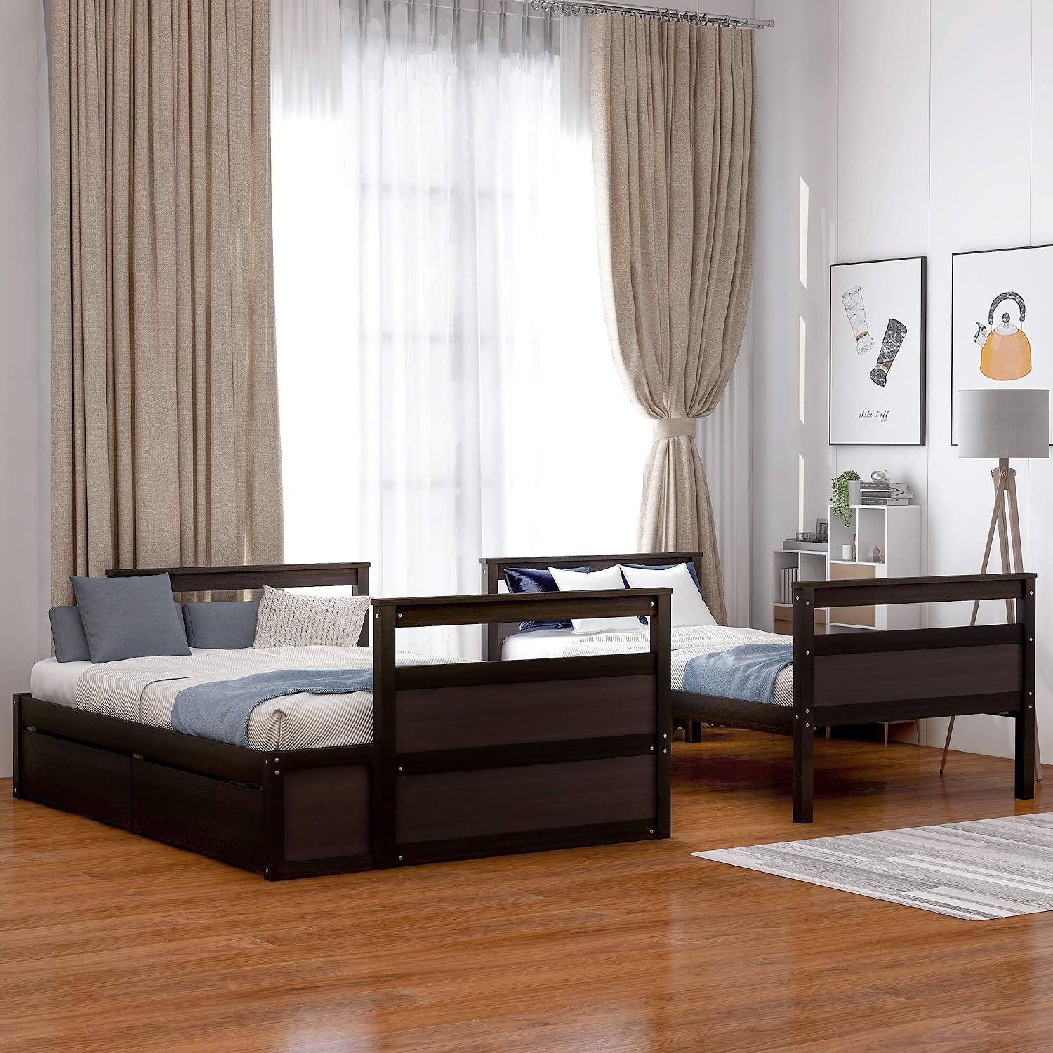 Merax Twin Over Full Bunk Bed, Wood Bunk Bed with Removable Ladders and Two Storage Drawers, Convertible into Two Individual Beds (Espresso)