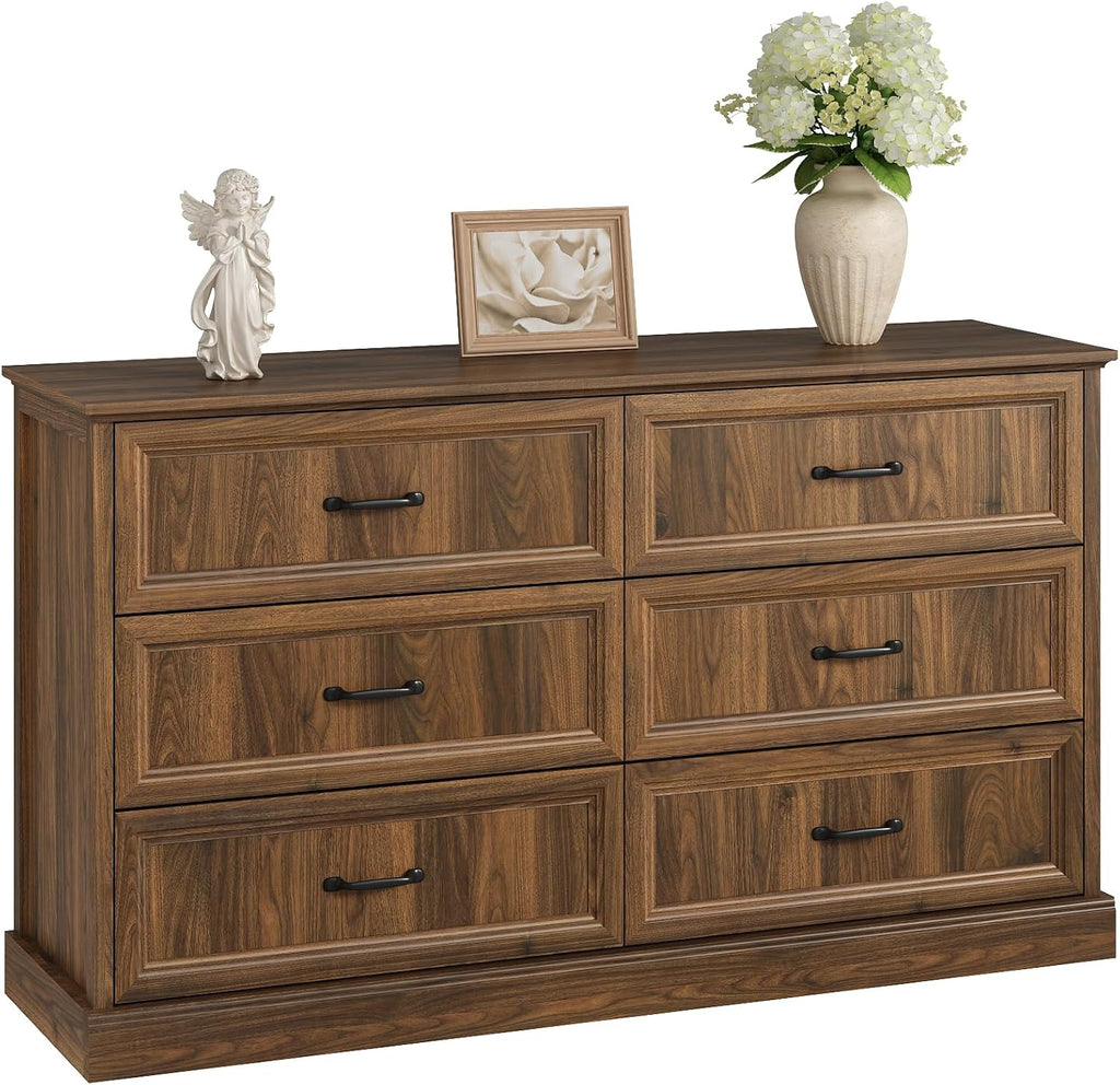 Farmhouse 6 Drawer Dresser for Bedroom, 55 Inch Wide Modern Walnut Dresser TV Stand with Large Drawers & Bar Handles, Rustic Wood Chest of Drawers for Bedroom, Living Room, Hallway, Entryway.