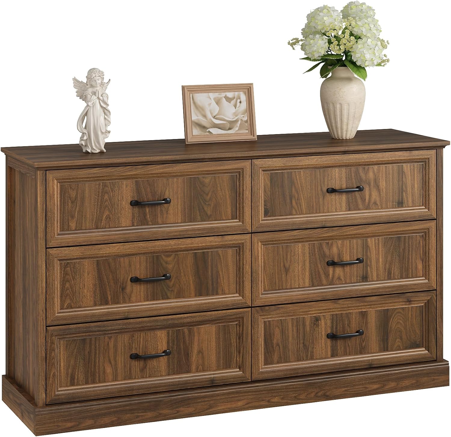 Farmhouse 6 Drawer Dresser for Bedroom, 55 Inch Wide Modern Walnut Dresser TV Stand with Large Drawers & Bar Handles, Rustic Wood Chest of Drawers for Bedroom, Living Room, Hallway, Entryway.