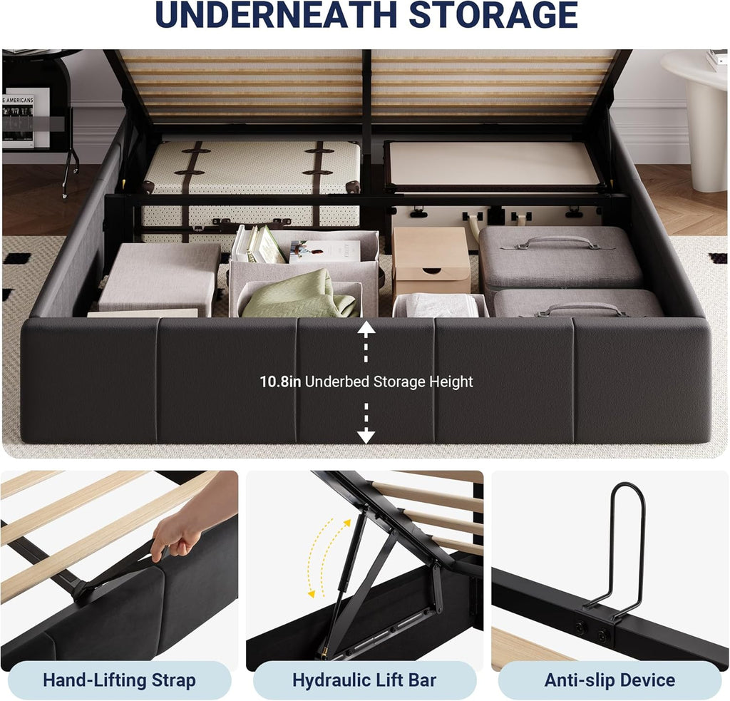 Allewie Full Size Velvet Lift Up Storage Bed Frame, Vertical Channel Tufted Headboard, Hydrualic Underneath Storage, Upholstered Platform Bed, Wooden Slats Support, No Box Spring Needed, Black