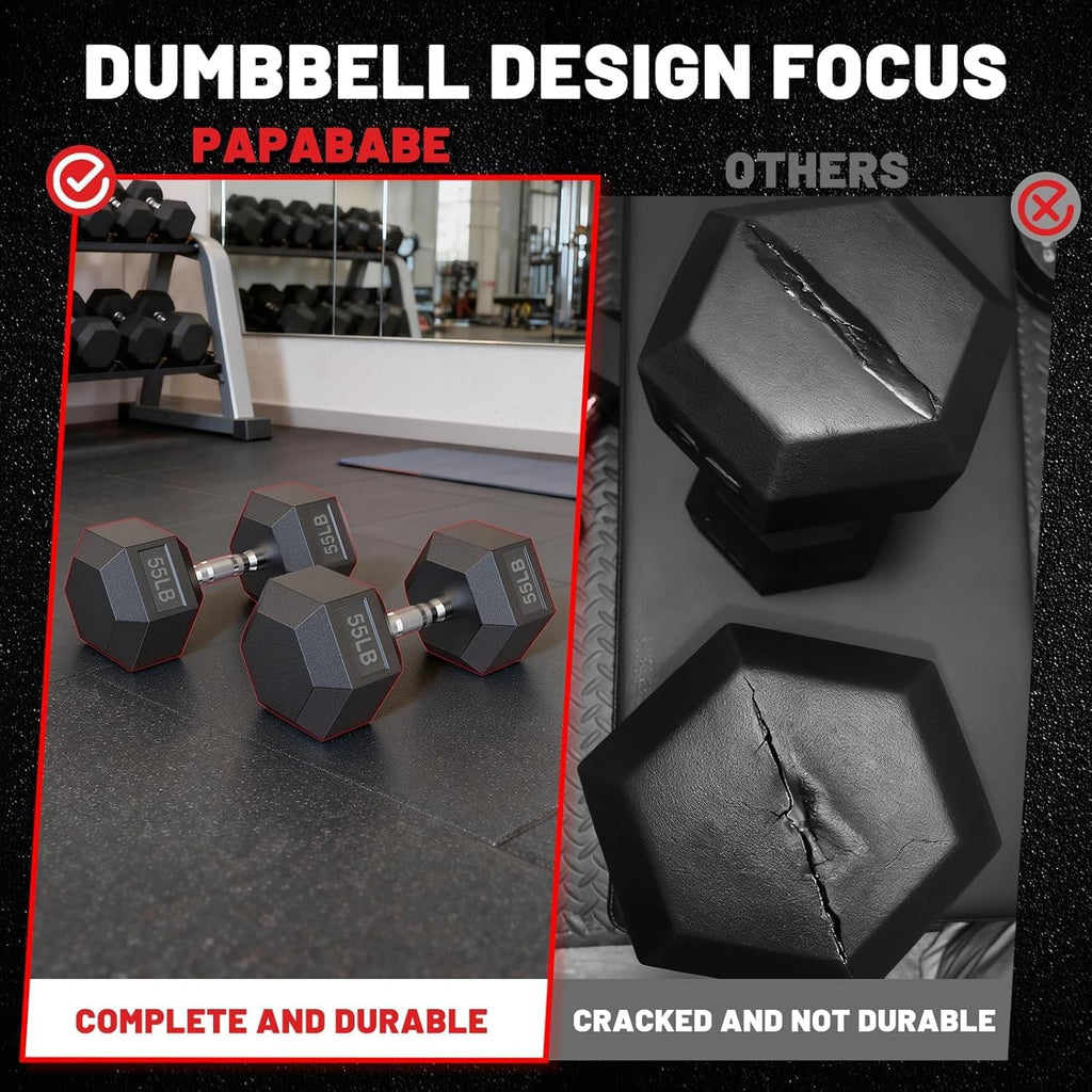 PAPABABE Hex Dumbbell Set with Rack, Rubber Encased Free Weight with Weight Storage Racks, Multiple Weight Options for Home Gym and Fitness