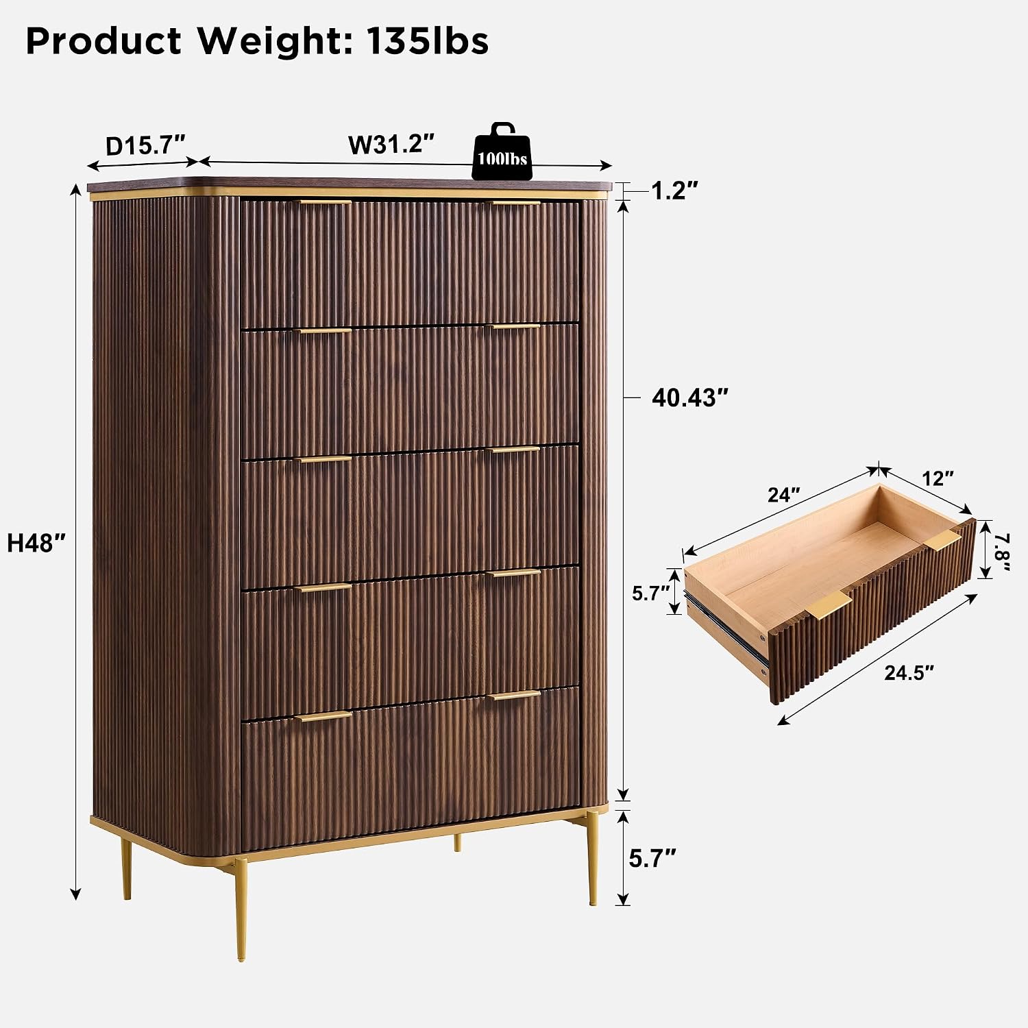 T4TREAM Fluted 5 Drawers Dresser for Bedroom, 48' Tall Modern Dresser Chest of Drawers, Gold Accents, Fluted Fronts, Wood Storage Dressers Organizer for Bedroom, Living Room, Dark Walnut