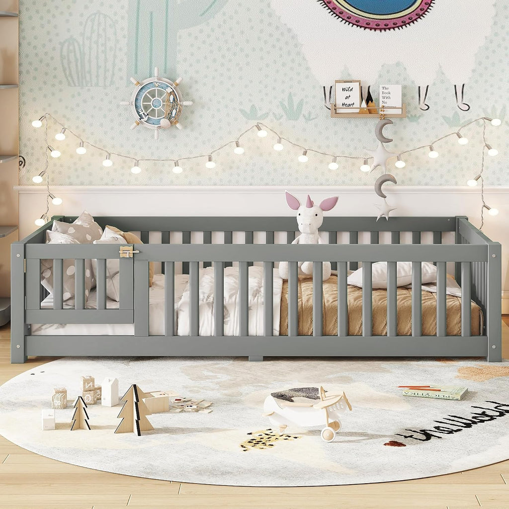 Bellemave Twin Size Floor Bed with Door and Fence for Kids, Montessori Floor Bed with Slats and Safety Guardrails,Solid Wood Twin Bed Frame for Girls Boys(Twin,Gray)