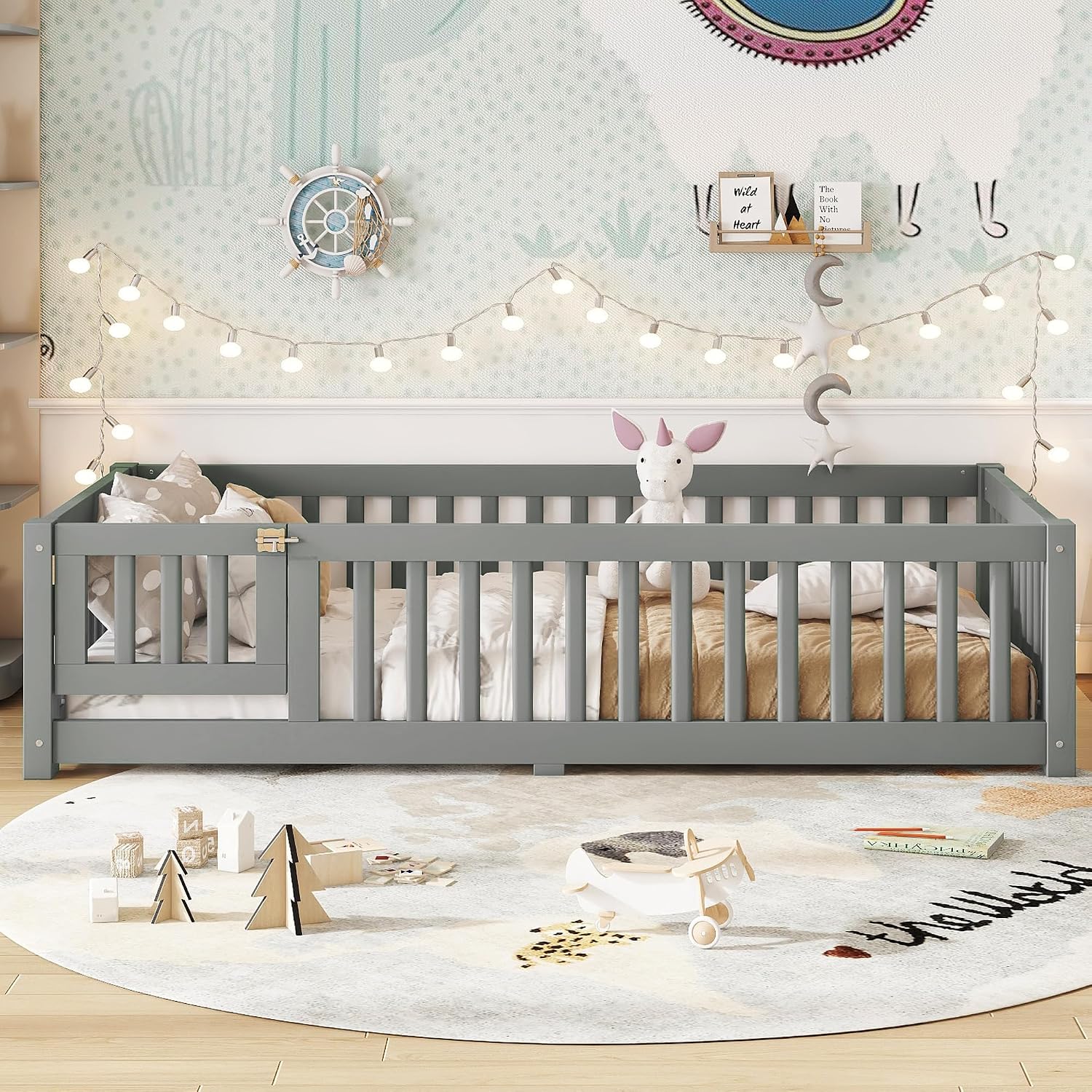 Bellemave Twin Size Floor Bed with Door and Fence for Kids, Montessori Floor Bed with Slats and Safety Guardrails,Solid Wood Twin Bed Frame for Girls Boys(Twin,Gray)
