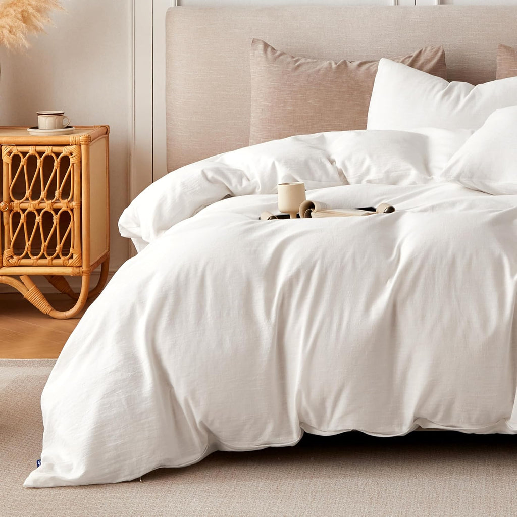 BFS HOME Linen Duvet Cover California King - Soft Breathable Cotton Linen Blend, 3-Pieces Bedding Set with 2 Pillowcases, Stonewashed Texture, Off-White, All-Season Comfort