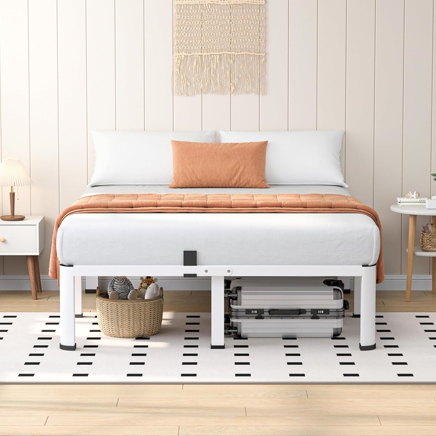 VIPSHOW 14 Inch White Full Heavy Duty 3500 lbs Bed Frame with Round-Corner Legs & Anti-Squeak Design – Quick Assembly Metal Platform, No Box Spring Needed
