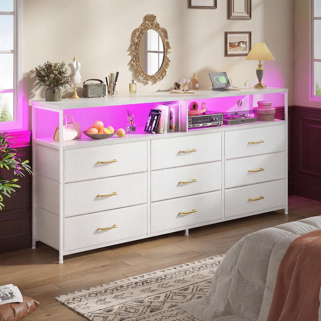 Romorgniz 55' W White Dresser for Bedroom with 9 Drawers LED TV Stand with Power Outlets for 45, 55, 65 Inch TV Sturdy Long Chest of Drawers with Extra 2 Wooden Shelves Steel Frame