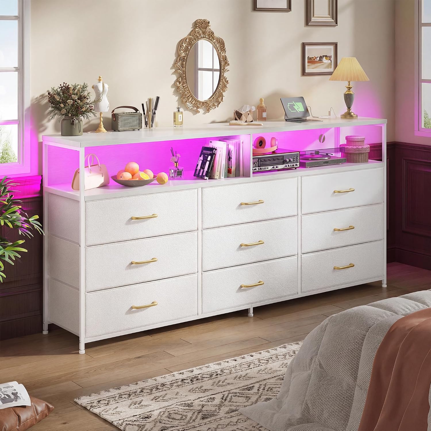 Romorgniz 55' W White Dresser for Bedroom with 9 Drawers LED TV Stand with Power Outlets for 45, 55, 65 Inch TV Sturdy Long Chest of Drawers with Extra 2 Wooden Shelves Steel Frame