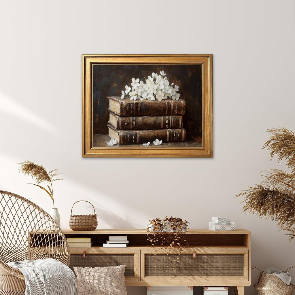 Large Framed Vintage Book and Dried Flowers Oil Painting Poster Retro Stacked Books Canvas Wall Art Classic Booklish Literary Floral Artwork Print for Rustic Bedroom Reading Nook Decor 24x36inch