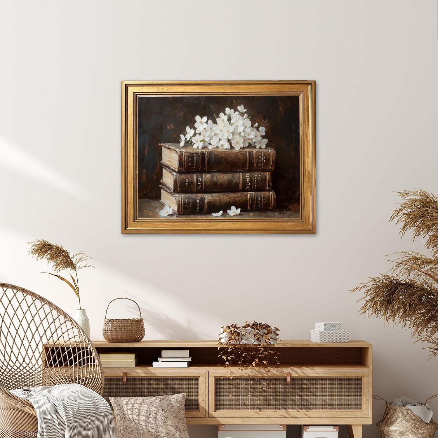 Large Framed Vintage Book and Dried Flowers Oil Painting Poster Retro Stacked Books Canvas Wall Art Classic Booklish Literary Floral Artwork Print for Rustic Bedroom Reading Nook Decor 24x36inch