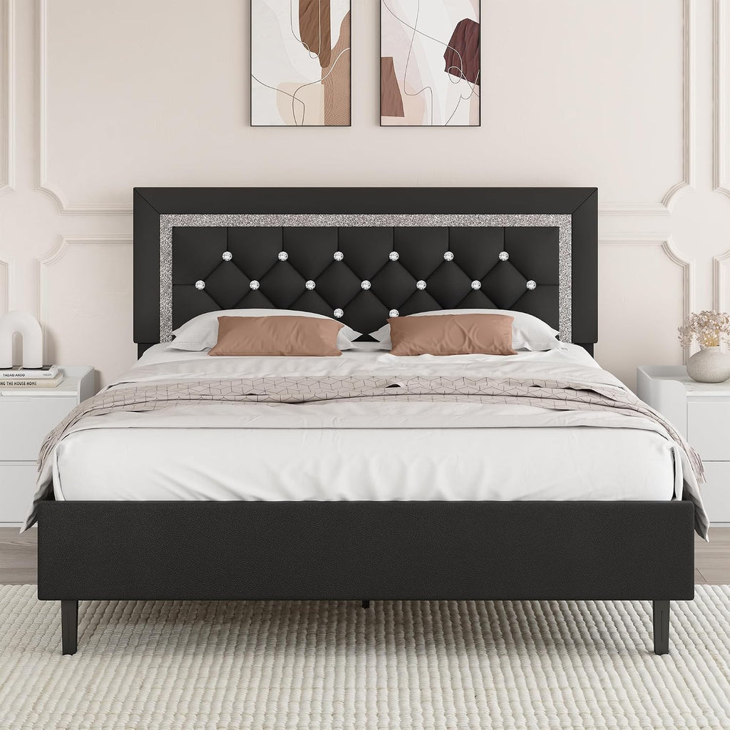BarnFurin Queen Bed Frame with Tufted Button Headboard, Upholstered Platform Bed Frame with Diamond Design, Wood Slat Support, No Box Spring Needed, Easy Assembly, Black
