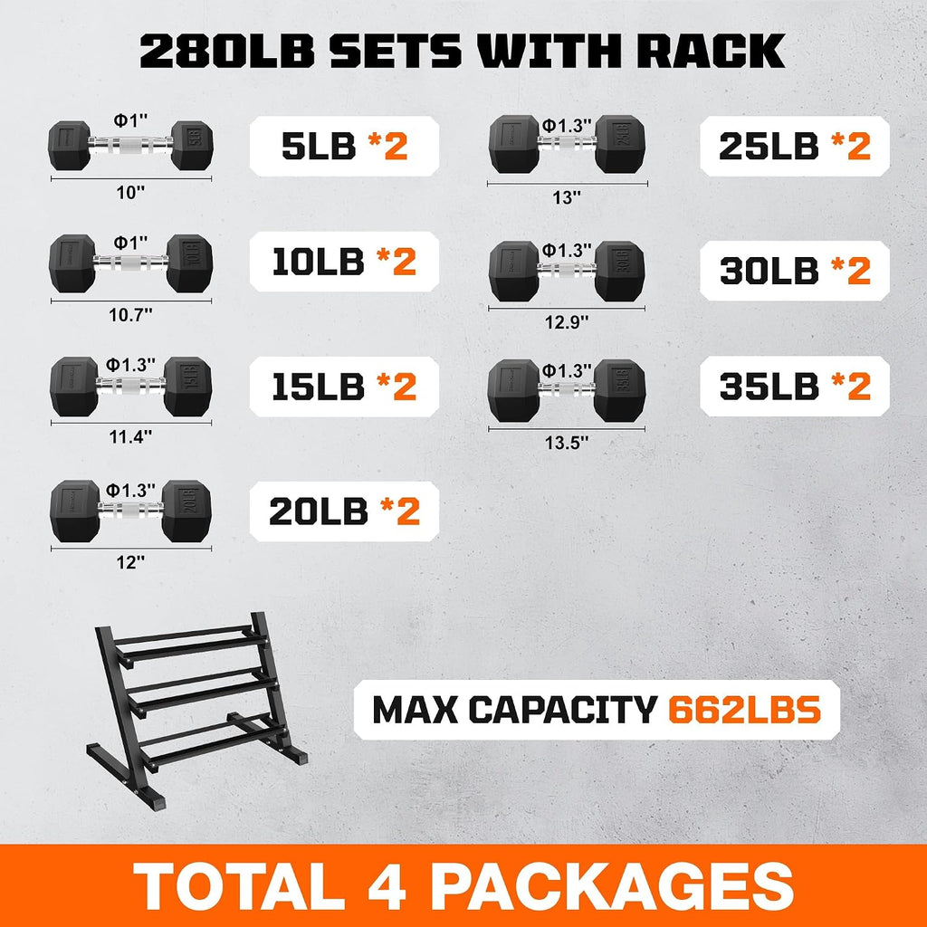 Dumbbell Sets with Rack, Rubber Hex Dumbbells, 160/220/280/360/450/550LBS, Hand Weights with Chrome Handle for Strength Training