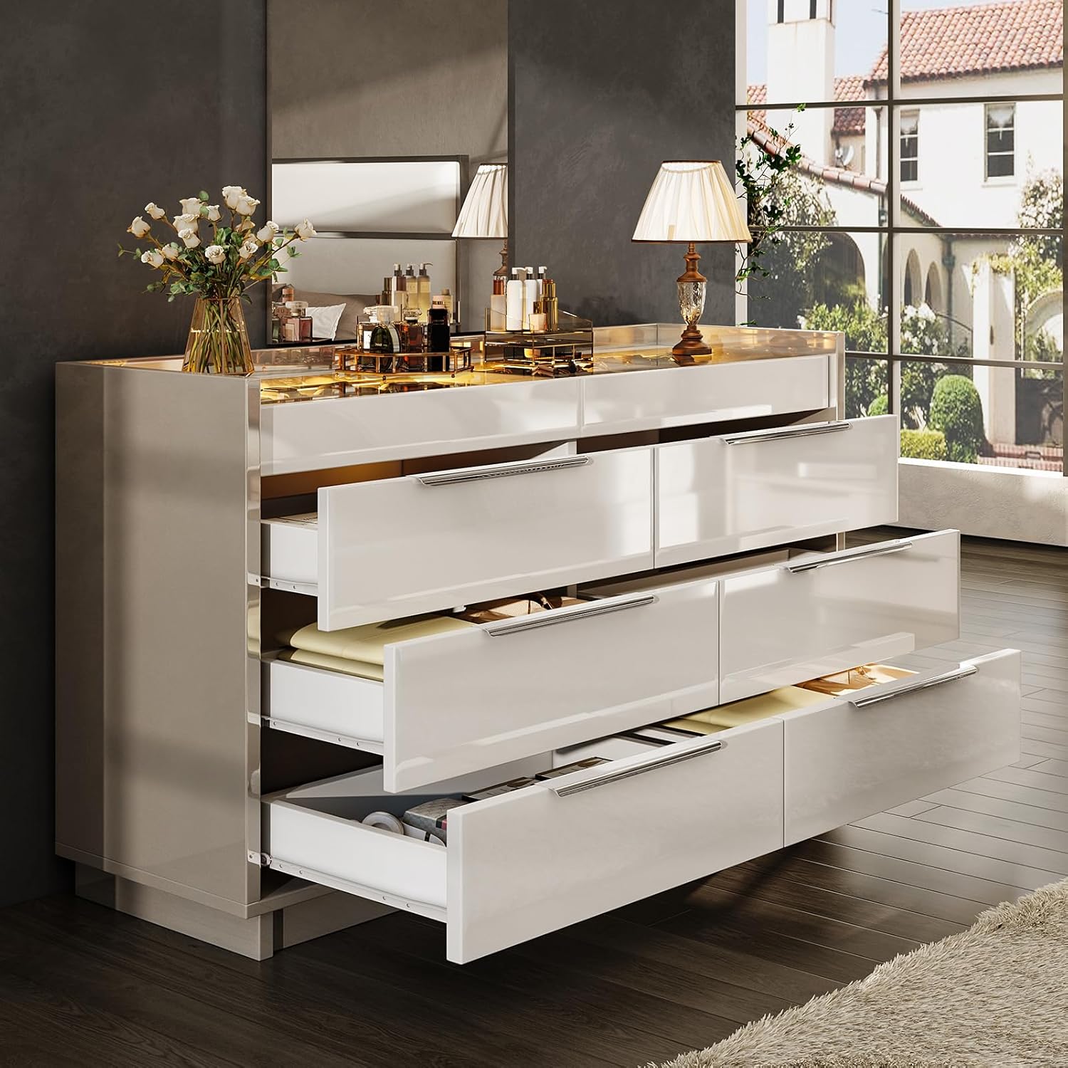 AMERLIFE 47.2' 8 Drawer Dresser with LED Light, Modern High Gloss Chest of Drawers with Glass Tabletop & 2 Six-Grid Jewelry Drawers, for Bedroom, Living Room, Dressing Room, Cream & Grey
