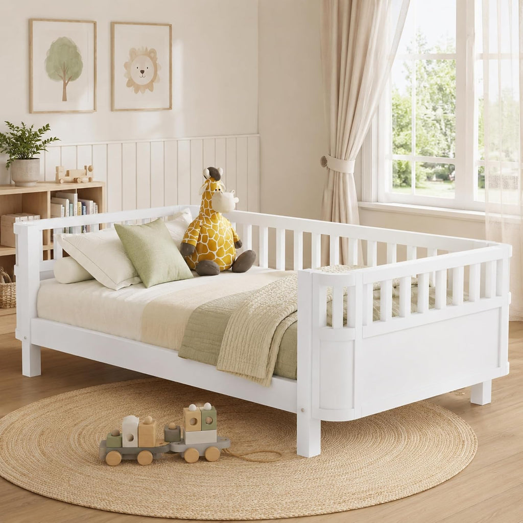 Twin Size Kids Bed Frame, Low Profile Montessori Twin Bed with Rails, Wood Daybed for Girls & Boys, No Spring Box Required, No Squeaks, White