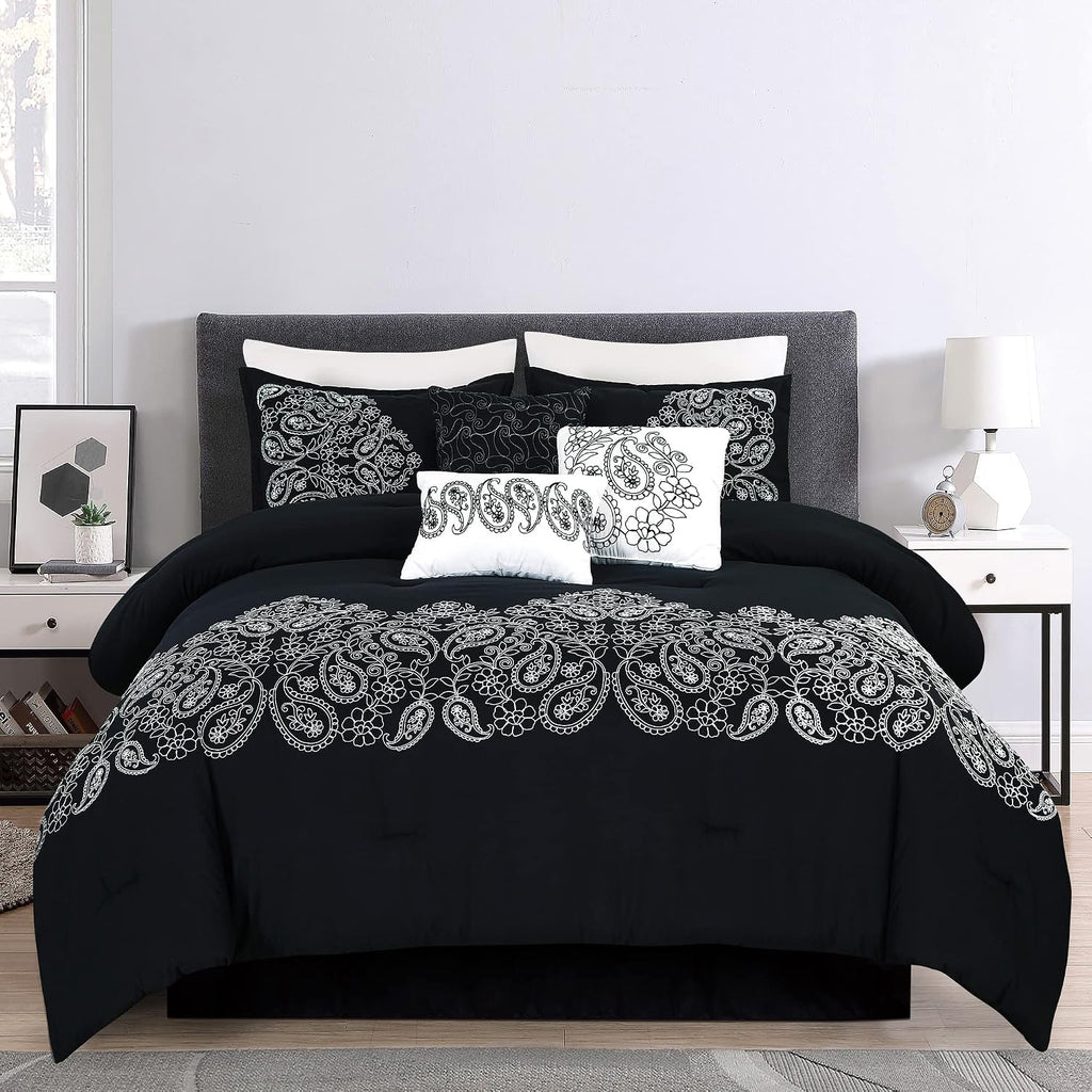 Chezmoi Collection Linz 7-Piece Black/White Paisley Floral Scroll Embroidered Comforter Set, King