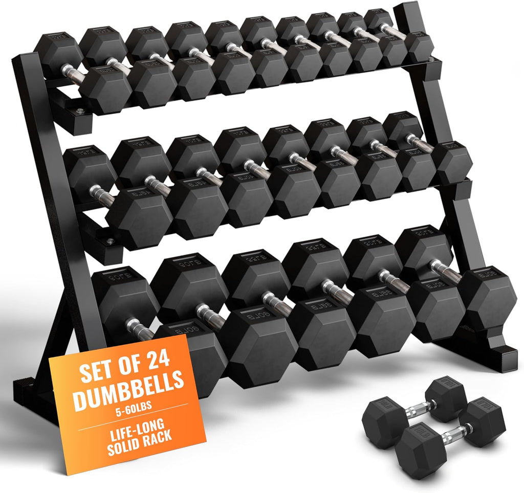 Rubber Hex Dumbbell Set with Rack, 8/10/12/15/20 Pair (450/550/780/1200/1550/2100 lbs total) Weight Rack with Dumbbells for Home Gym & Strength Training