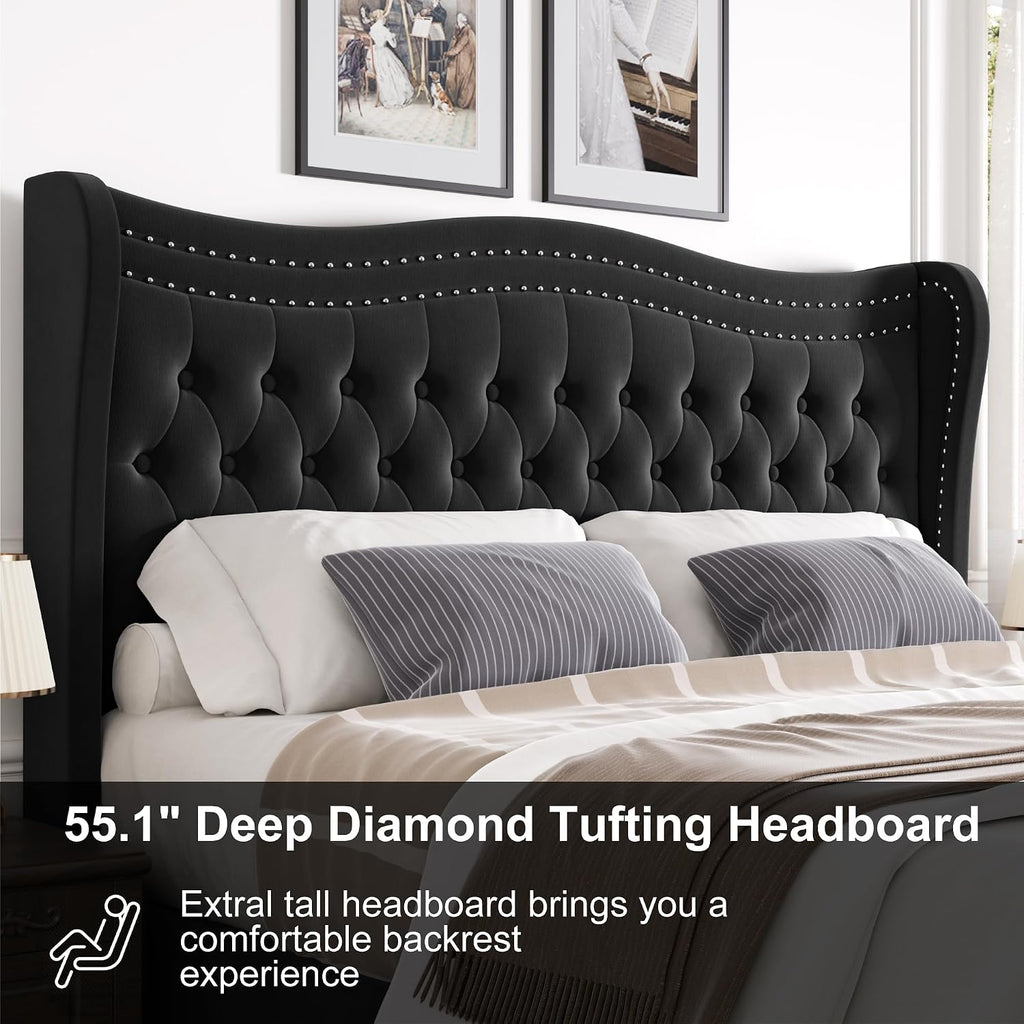Full Bed Frame with Tall Headboard & Footboard, Velvet Upholstered Platform Bed Frame with Deep Button Tufted Wingback, No Box Spring Needed, Noise Free, Black