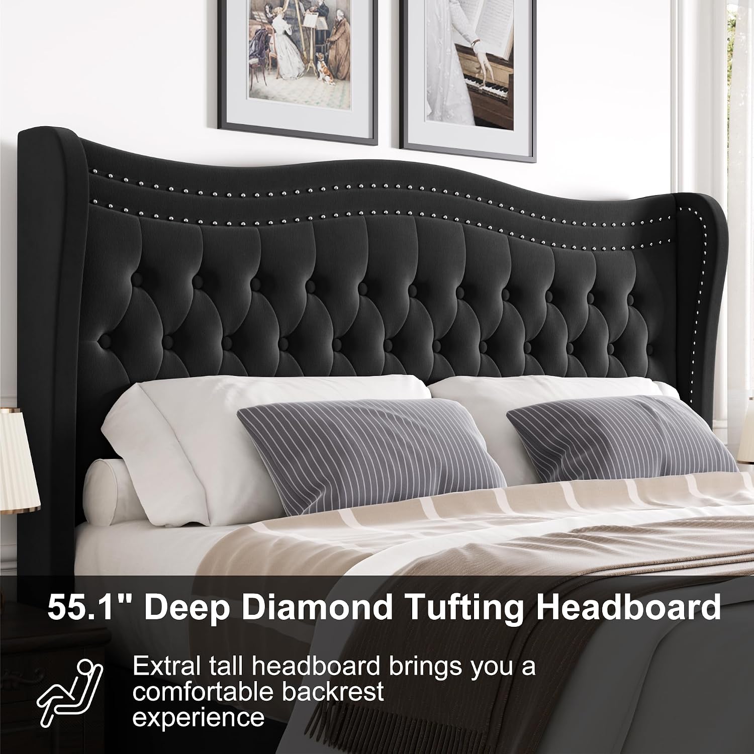 Full Bed Frame with Tall Headboard & Footboard, Velvet Upholstered Platform Bed Frame with Deep Button Tufted Wingback, No Box Spring Needed, Noise Free, Black