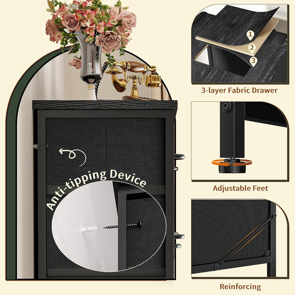 Romorgniz Dresser for Bedroom with 13 Fabric Drawers, Black Dresser with LED & 4 Charging Ports, 47''H Chest of Drawers with Open Storage Shelves for Hallway, Entryway