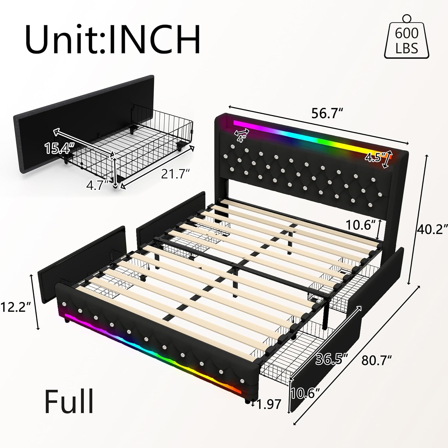Juego 5-in-1 Full Size Bed Frame with Bluetooth Speakers,Velvet Upholstered Platform Bed with Headboard,Charging Station,LED Lighting,4 Drawers Storage,Wooden Slats Support,No Box Spring Needed,Black