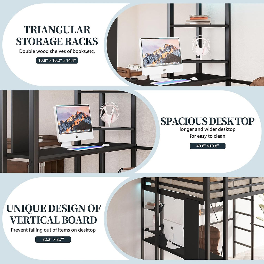 SUNLEI Loft Bed Twin Size with Desk and Safety Guard Rail, Twin Size Metal Bed Frame with Double Layer Shelves for Storage, No Box Spring 2 Security Ladders, Midnight Black