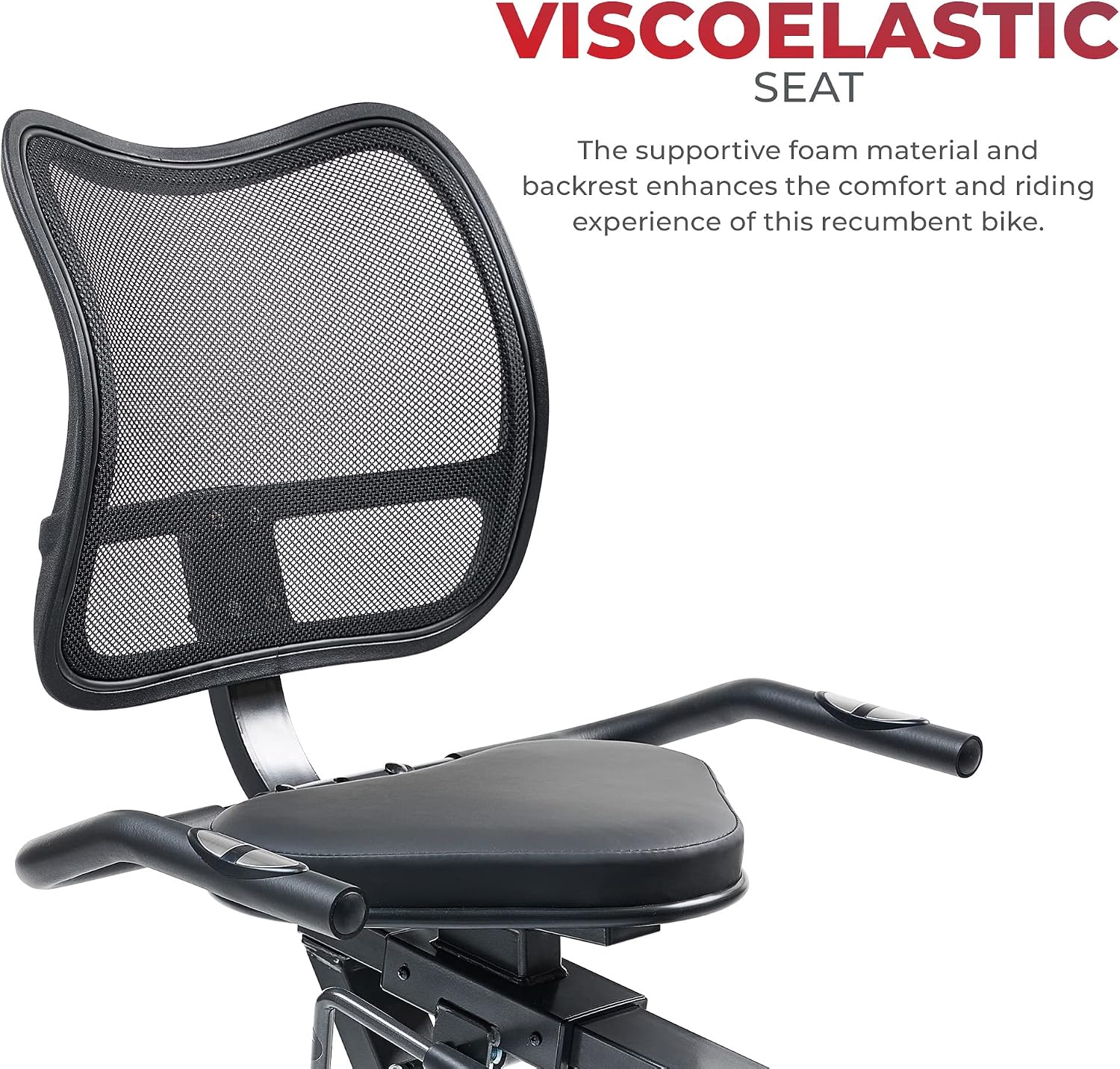 Sunny Health & Fitness Smart Recumbent Exercise Bike, Adjustable Cushion Seat & Mesh Back-Rest for Home Training, Magnetic Resistance & Belt-Drive for Quiet & Smooth workout, Free SunnyFit App Connect