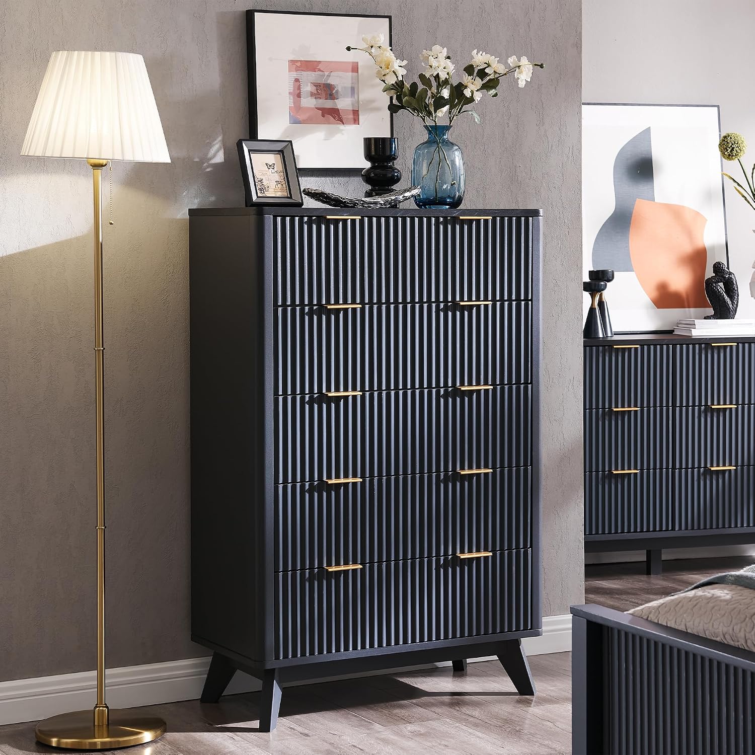 T4TREAM Fluted 5 Drawers Dresser, 48' Tall Modern Chest of Drawers with Faux Marble Top, Curved Profile Design, Wood Drawer Organizer for Bedroom, Living Room, Hallway, Entryway, Dark Grey