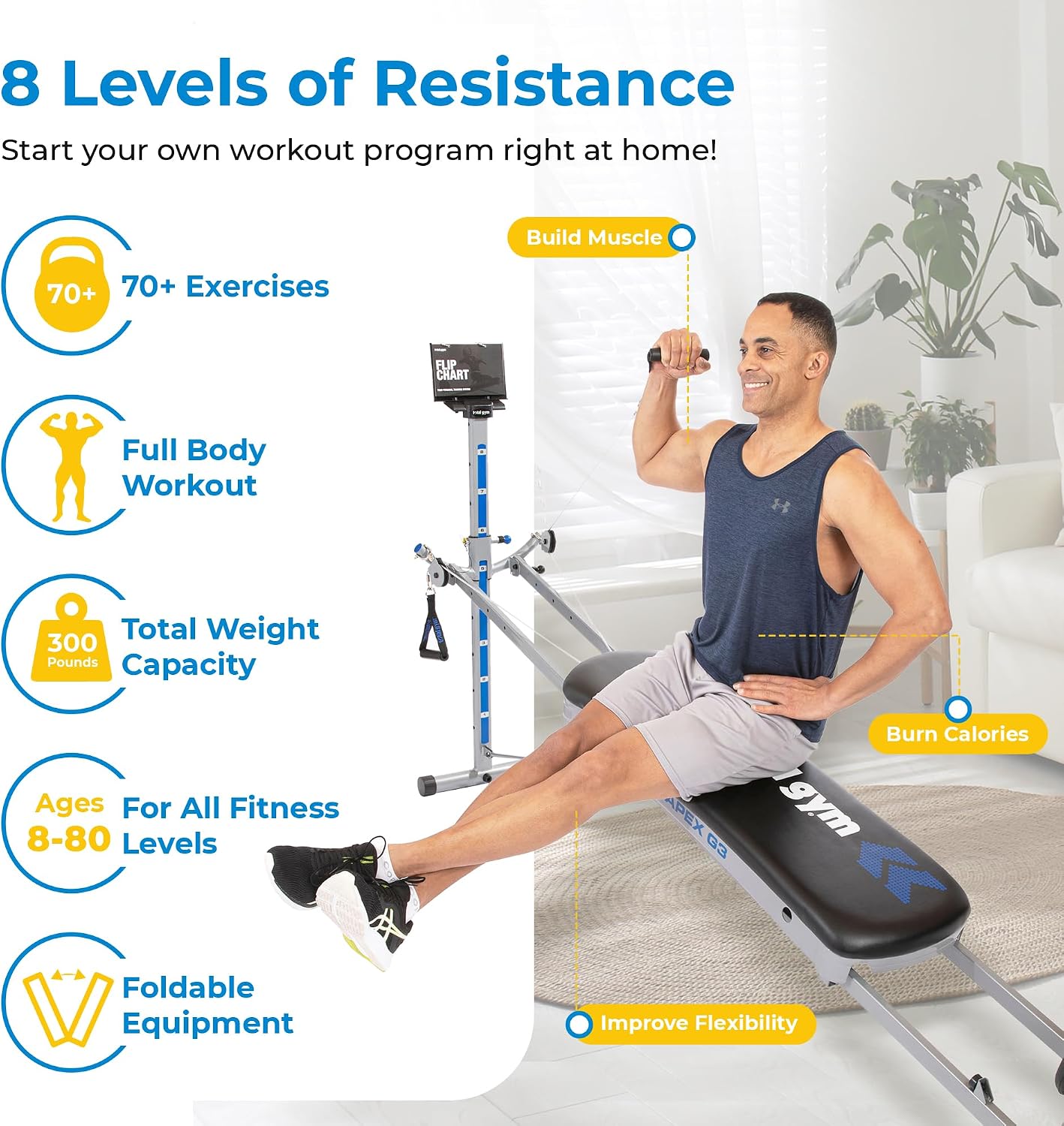 Total Gym Apex G3, Slim-Frame Incline Bodyweight Training Home Exercise Machine w/ 8 Levels of Resistance, Squat Stand, & Basic Accessory Set