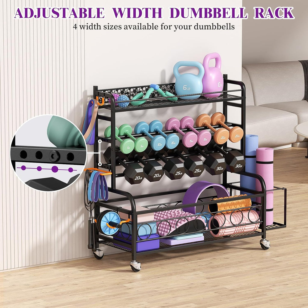 Dumbbell Rack, VOPEAK Adjustable Weight Rack for Home Gym, Home Gym Storage Rack for Yoga Mat Kettlebells and Strength Training Equipment, Weight Storage Rack for Dumbbells with Wheels