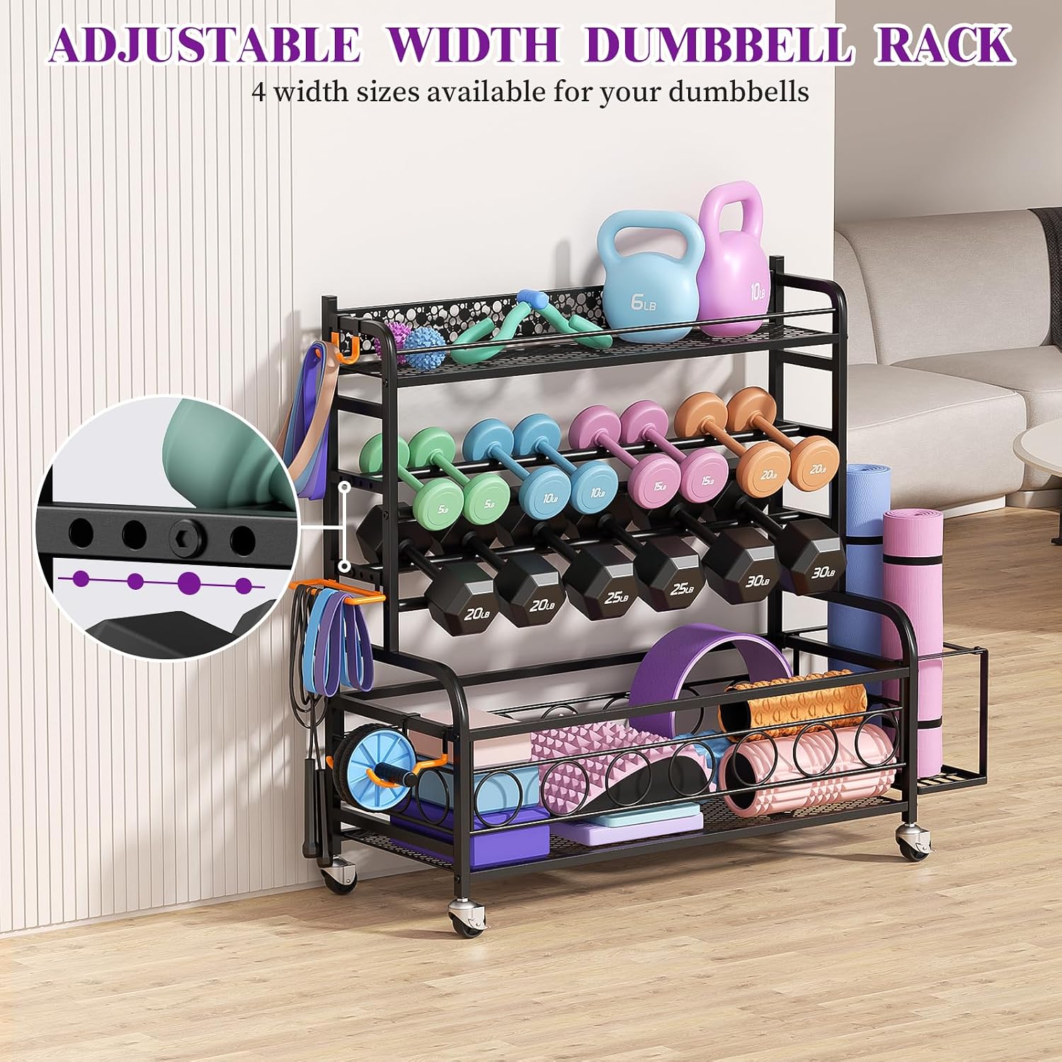 Dumbbell Rack, VOPEAK Adjustable Weight Rack for Home Gym, Home Gym Storage Rack for Yoga Mat Kettlebells and Strength Training Equipment, Weight Storage Rack for Dumbbells with Wheels