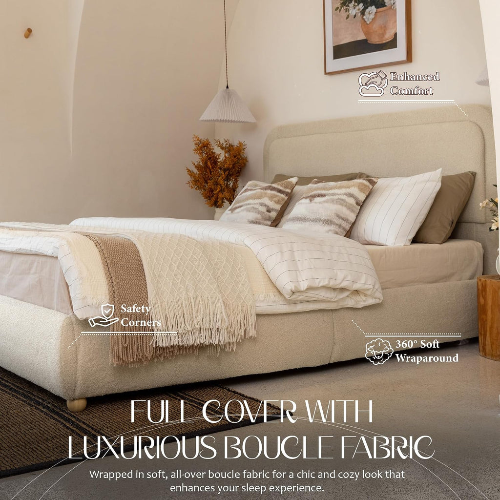 Yechen Boucle Cloud Full Bed Frame with Round Corner Headboard, Upholstered Soft Creamy Bedframe with Solid Wood Legs, Boho Fluffy Bed with Wooden Slats, Easy Assembly, No Box Spring Needed, Khaki