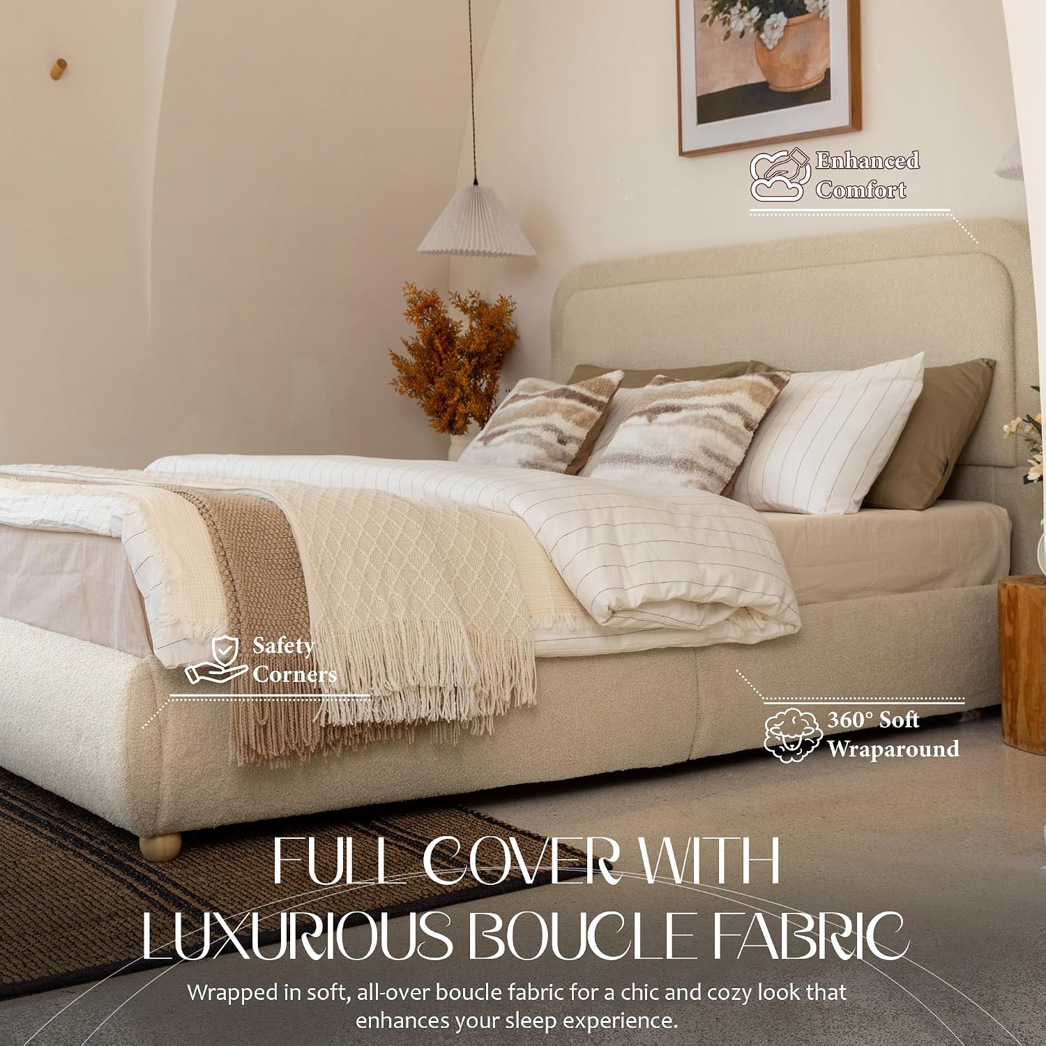 Yechen Boucle Cloud Full Bed Frame with Round Corner Headboard, Upholstered Soft Creamy Bedframe with Solid Wood Legs, Boho Fluffy Bed with Wooden Slats, Easy Assembly, No Box Spring Needed, Khaki