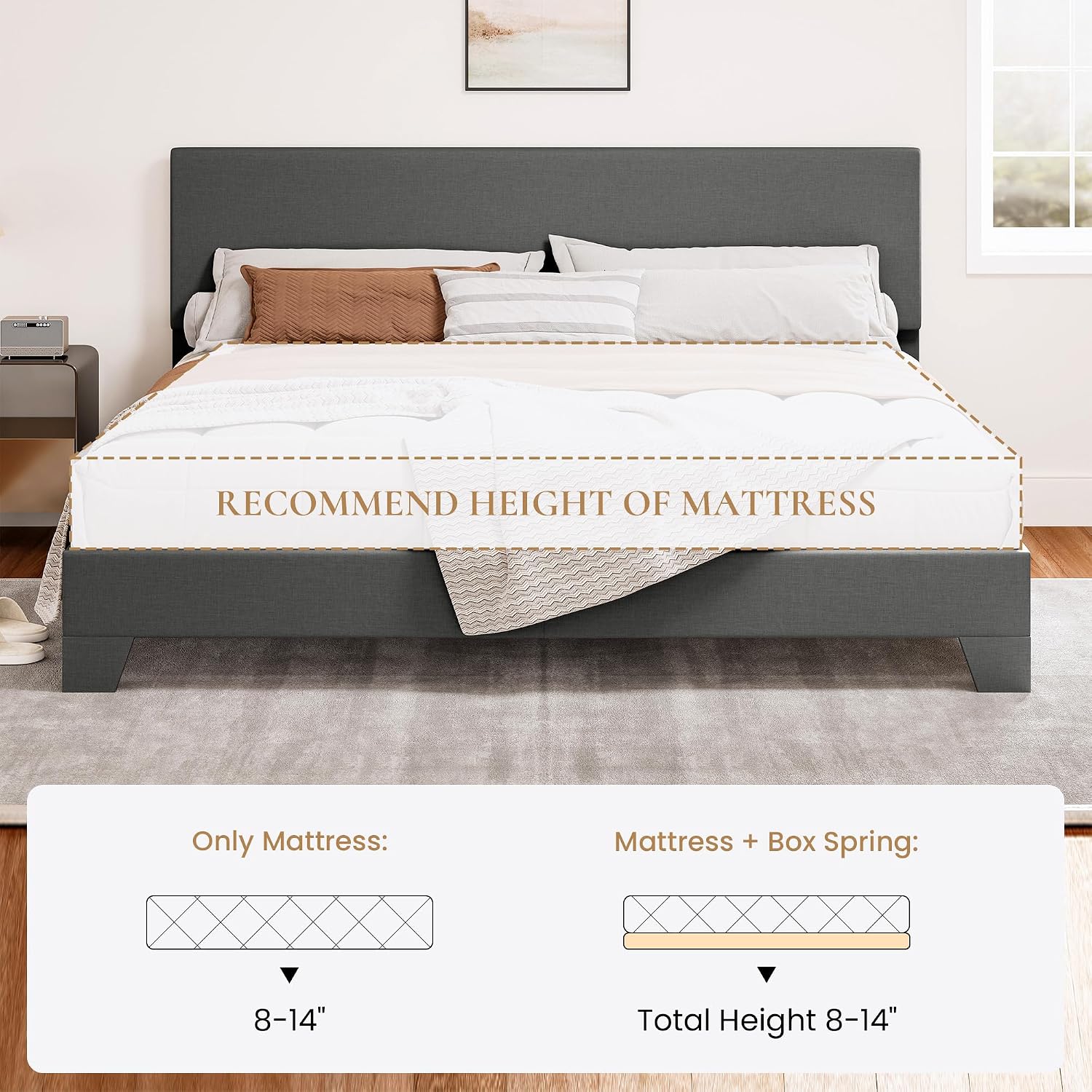 SHA CERLIN Dark Grey King Platform Upholstered Bed Frame with Adjustable Headboard, Wood Slats Support, No Box Spring Needed, Easy Assembly, Easy Clean Up