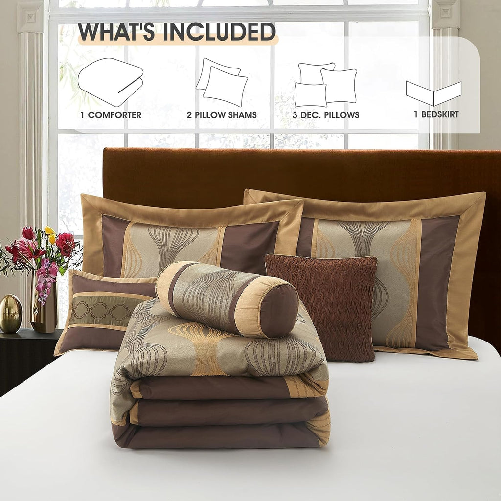 LANCO MODERN LIFESTYLE California King Comforter Set, Brown, 7 Pieces Bed in a Bag, Soft Jacquard with Solid Piecework, Luxury Bed Set with Comforters, Bed Skirt, Pillow Shams and Decorative Pillows